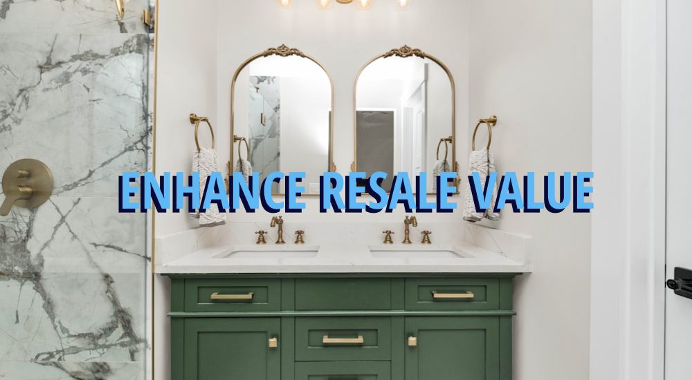 Remodeling in Tacoma’s Stadium District, Browns Point & Old Town Neighborhoods: You NEED to Know This Before You Start 4 Photo of redone historic bathroom, green cabinets and gold vanity. Caption reading 'enhance the resale value'
